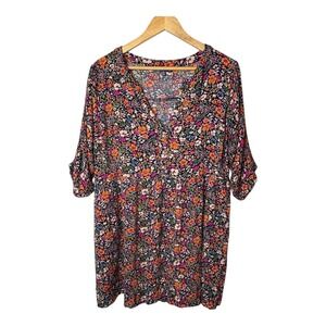 Democracy‎ Floral Print Dress 3/4 Sleeve V Neck Pullover Womens Plus Size 1X